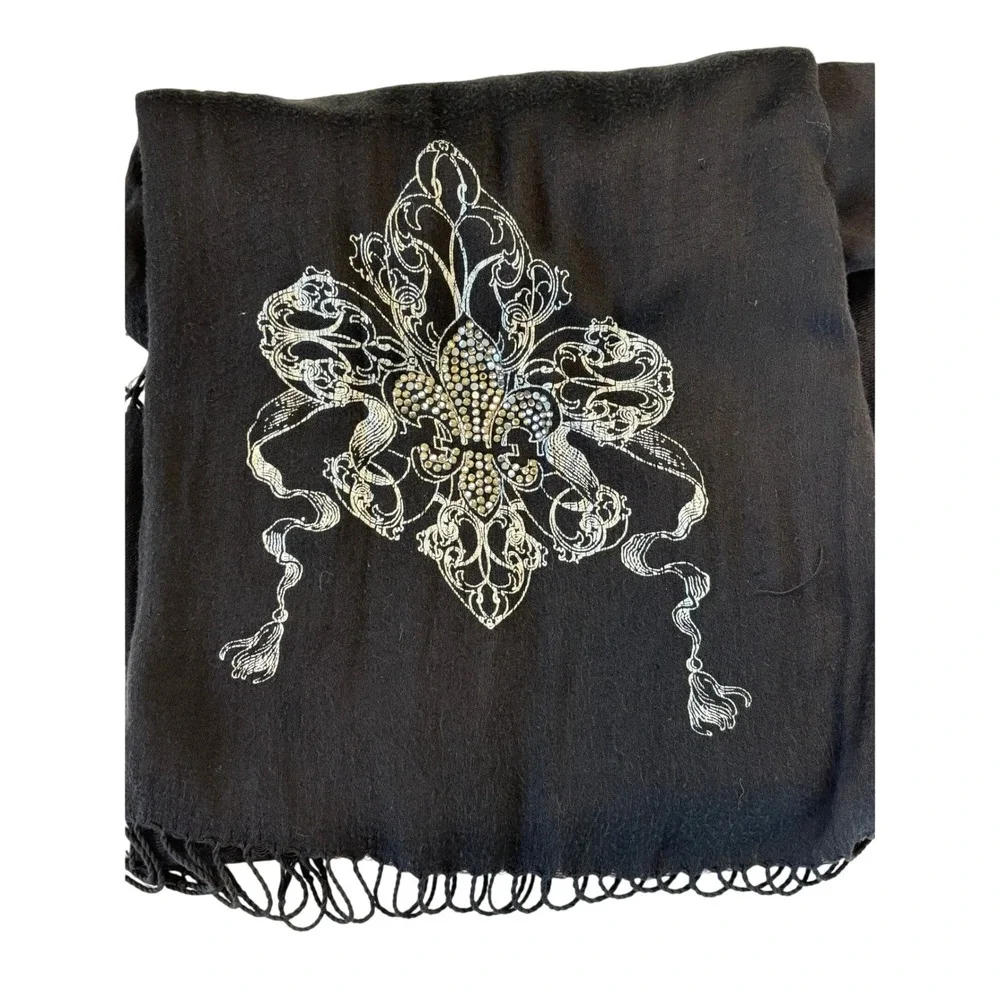 Black Fleur De Lis Rhinestone Wrap Shawl Scarf 72